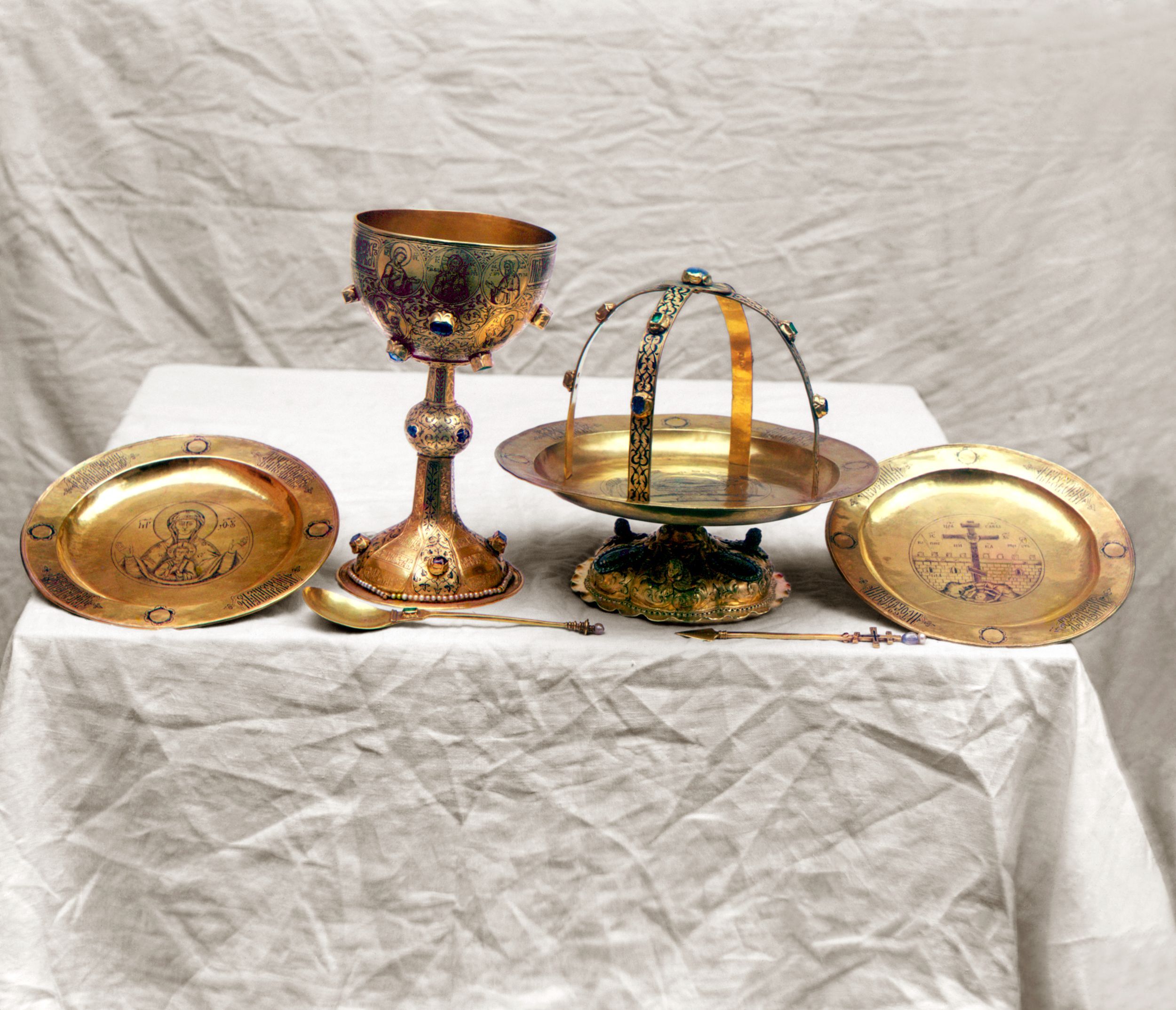 Golden vessels. In the vestry of the Ipatevskii Monastery. Kostroma