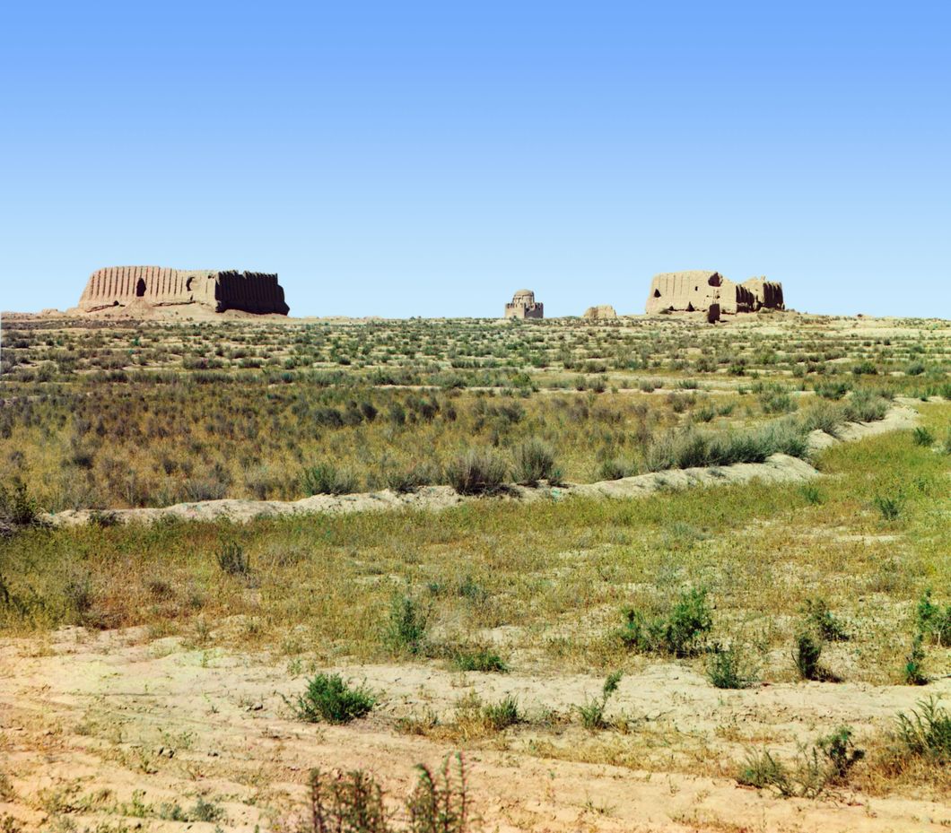 Adobe buildings in desert plains