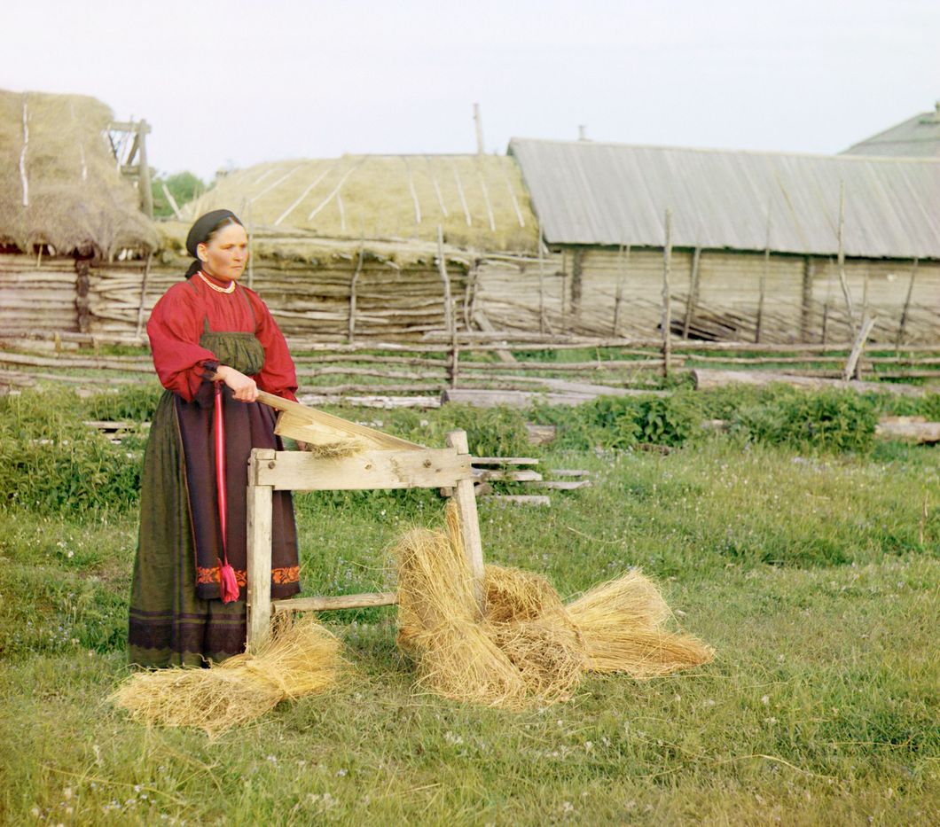 Peasant woman breaking flax. Perm Province