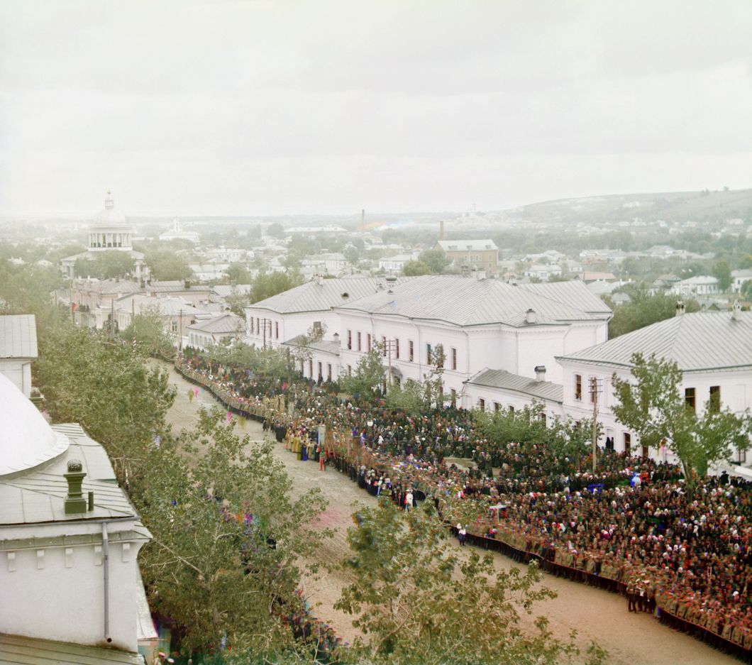 View from the bell tower of the Trinity cathedral (of the Trinity Monastery) on Cathedral Square in Belgorod, during the celebration of the canonization of Ioasaf of Belgorod, September 4, 1911