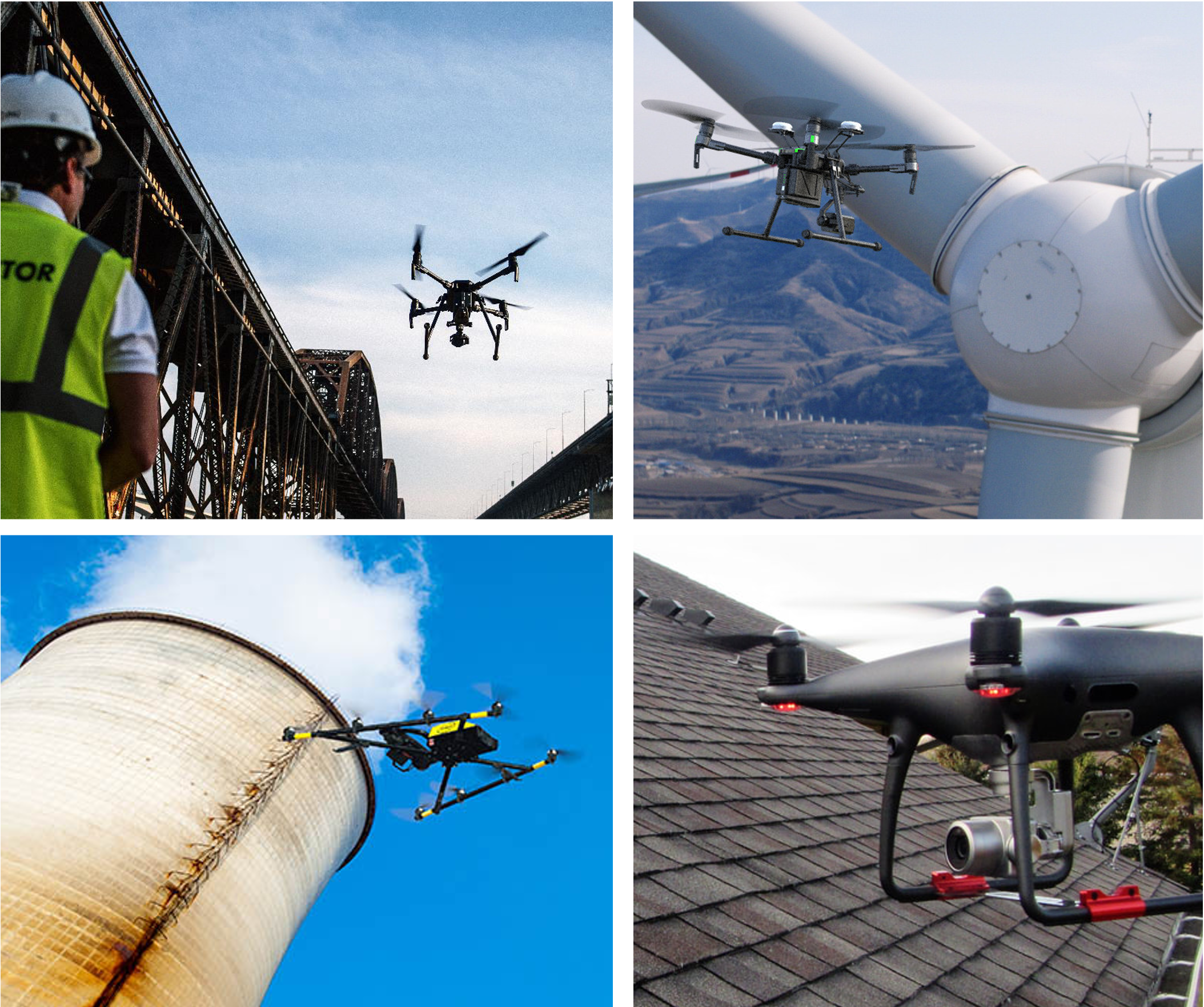 Fig. 1 Industrial applications of drone inspection including bridge inspection, windmill inspection, nuclear powerplant inspection and rooftop inspection.