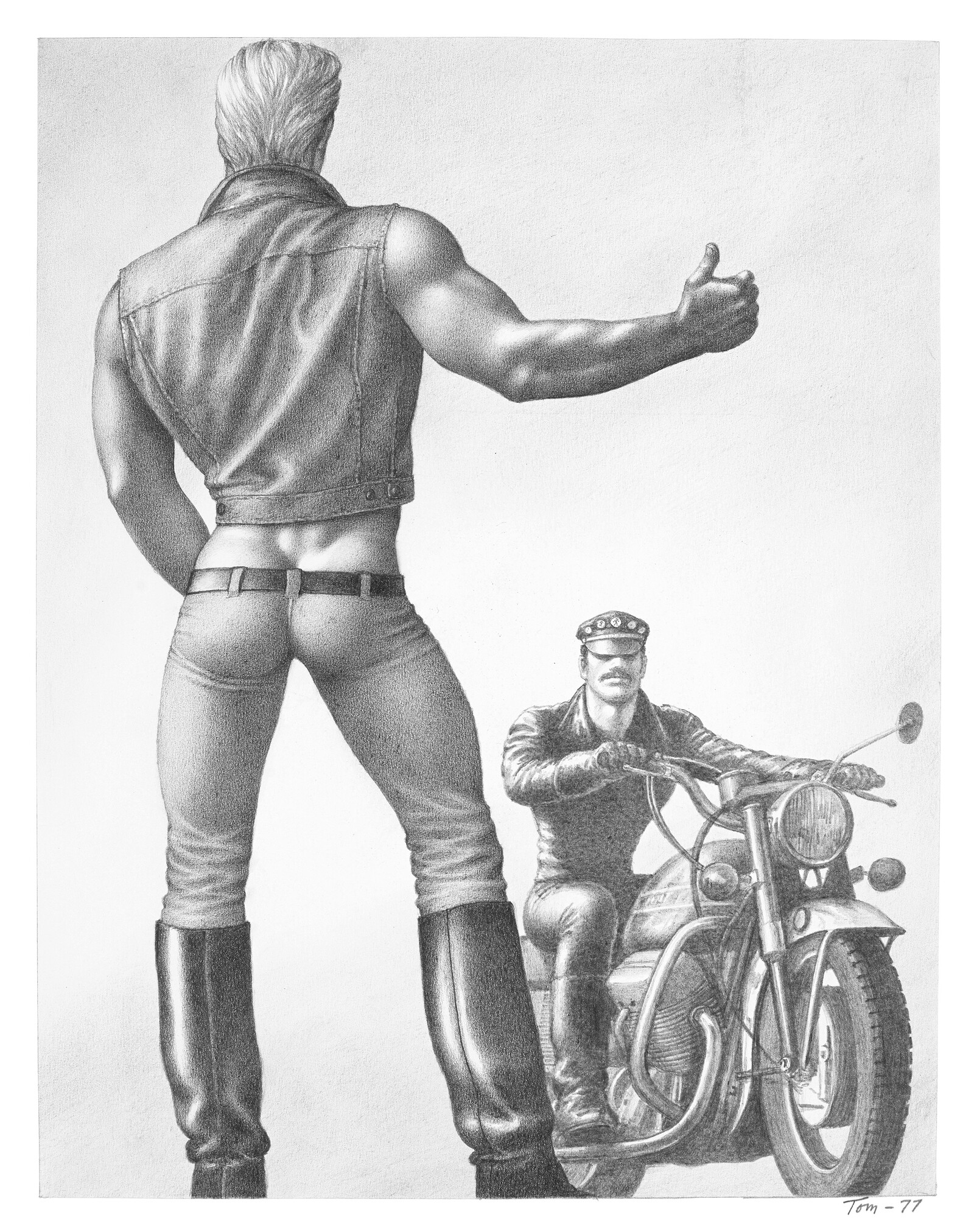 Tom of Finland. Muscular person in leather vest holding out thumb to a motorcyclist dressed head to toe in leather.