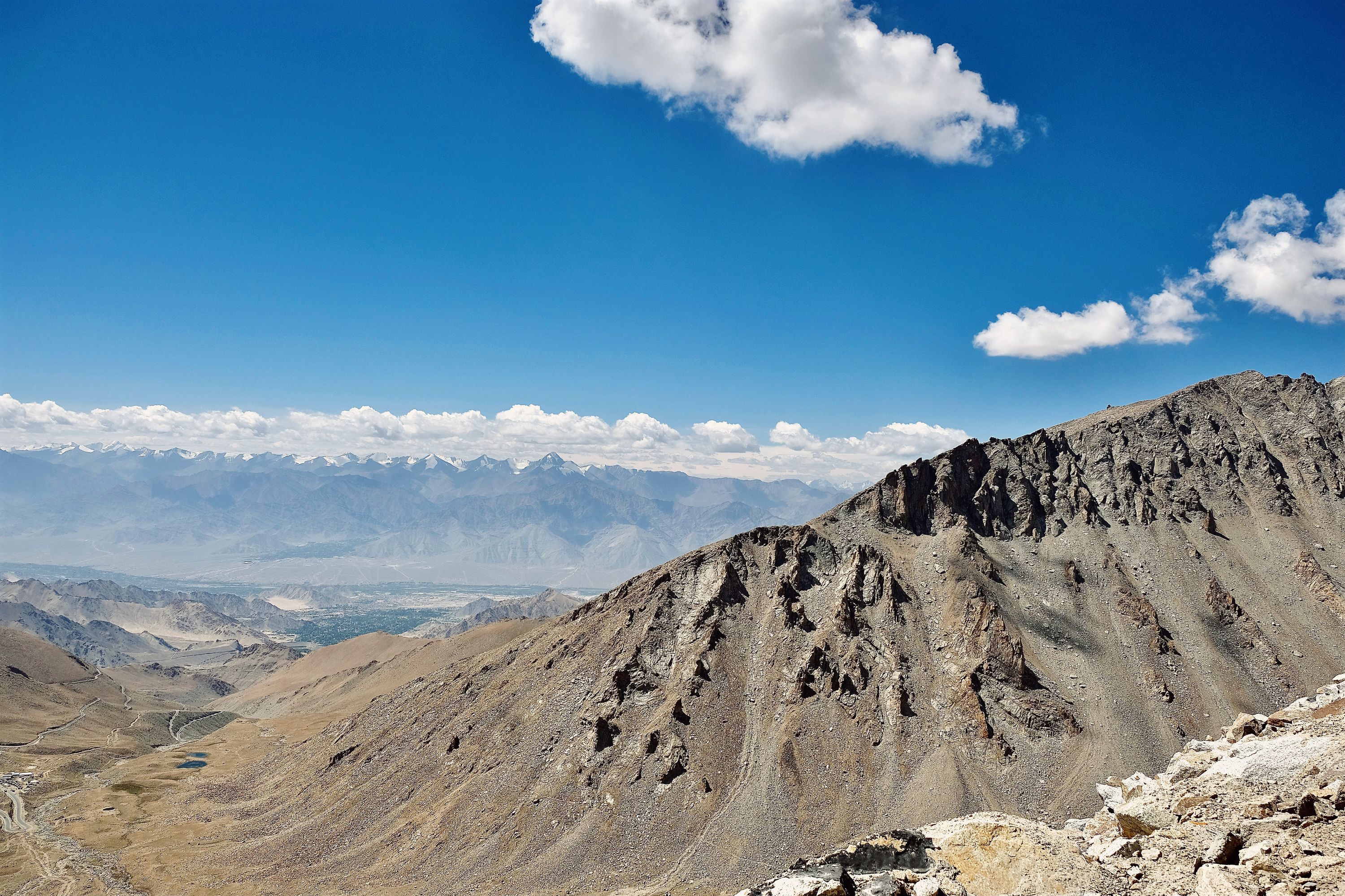 Mountains on the other side of Leh when viewing from near the Khardung La pass, Ladakh, India. September 2021.