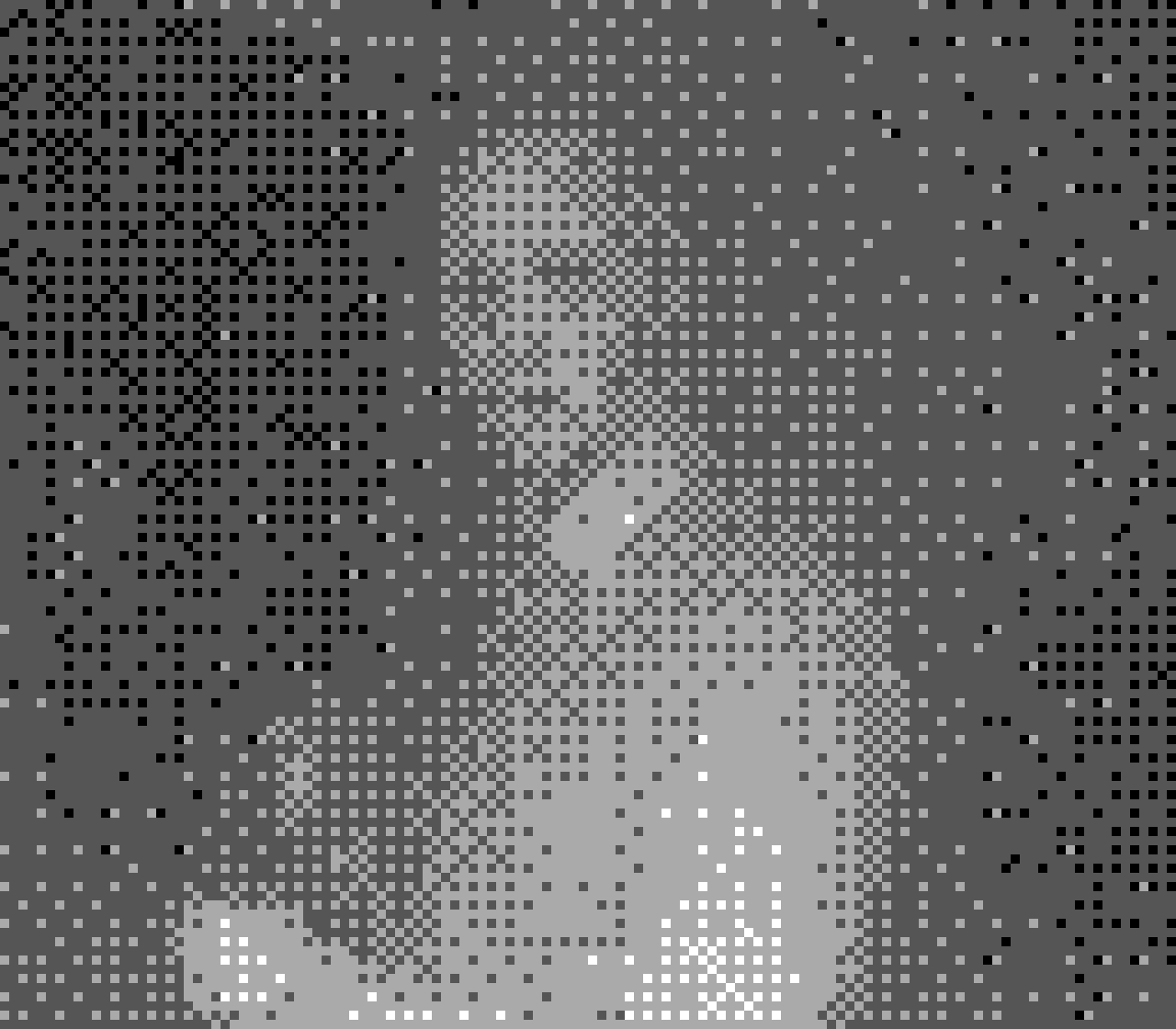 Heavily pixelated image of a persons silhouette in dim light