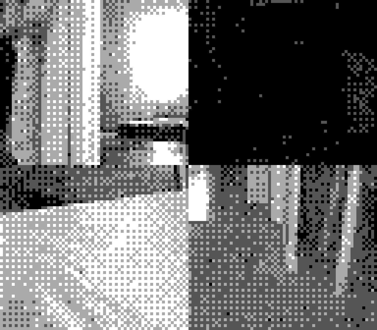 Heavily pixelated image containing four smaller abstract photographs