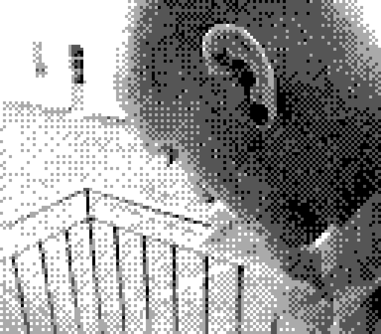 Heavily pixelated portrait of male person smoking on the balcony