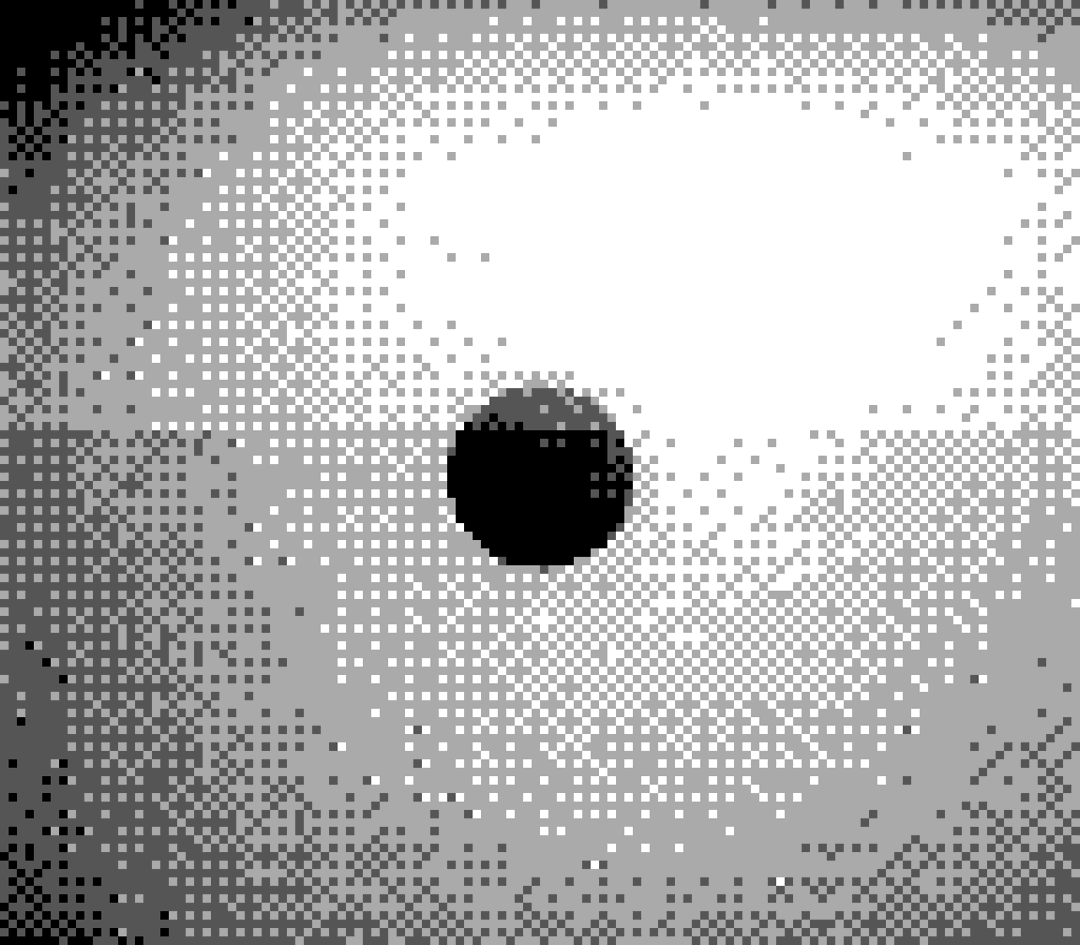 Heavily pixelated animation of a pulsating black dot on white background