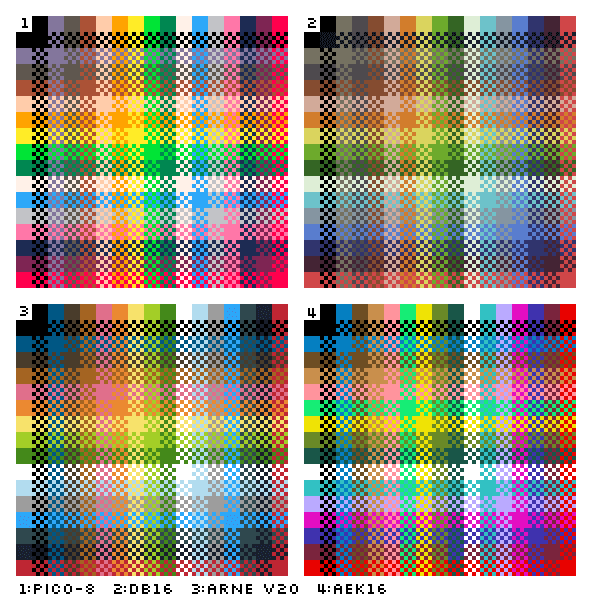 4x 16 color cross dither swatches