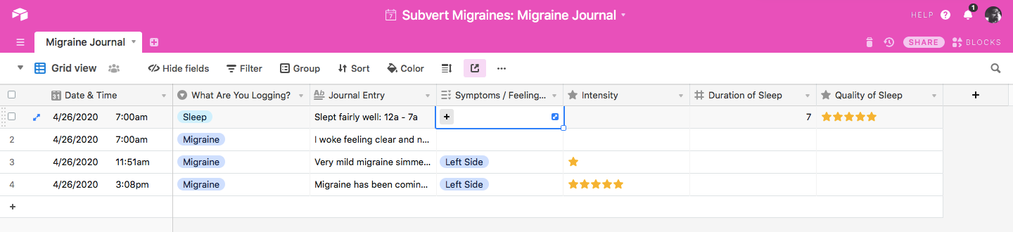 Migraine Journal in Airtable