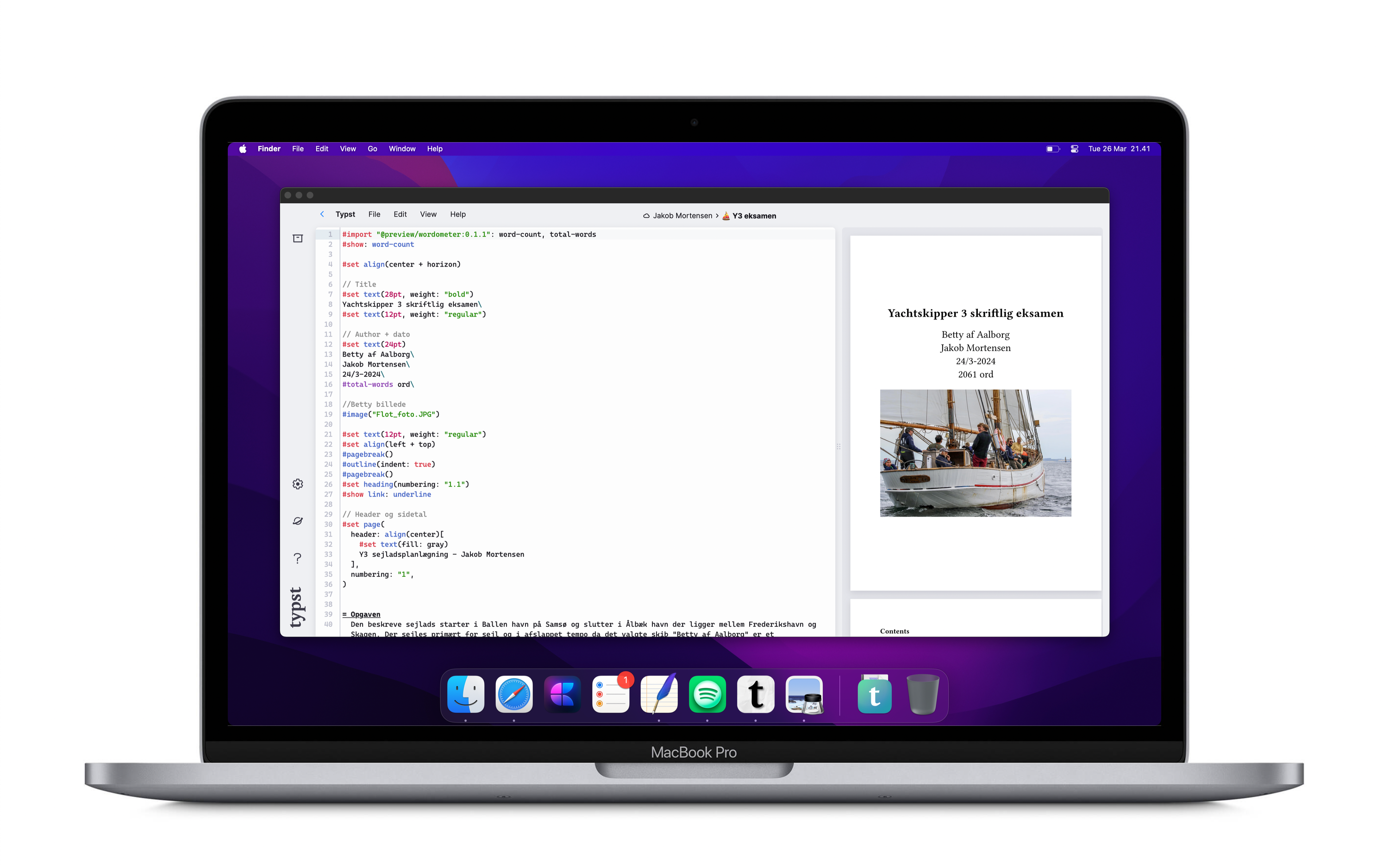 Typst webappen åben på min skriftlige yachtskipper 3 eksamen. “Add to dock” i Safari gør at jeg kan behandle Typst som et normalt desktop program i steder for som en browser fane.