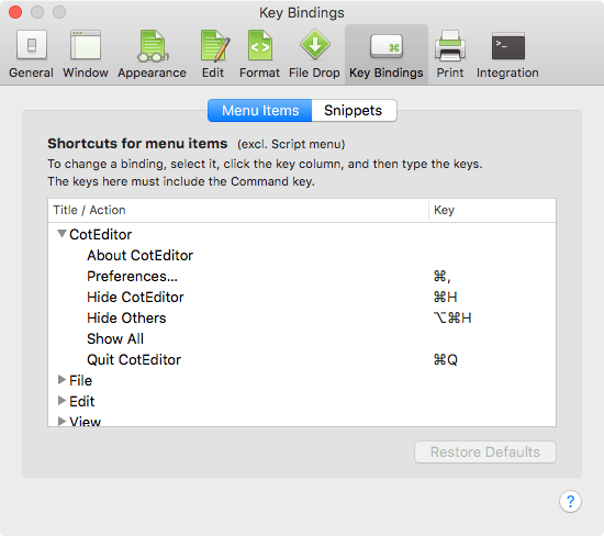 CotEditor Keyboard Commands