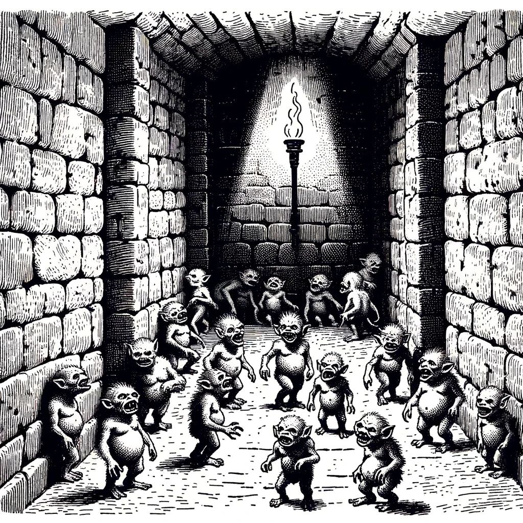 A narrow underground dungeon corridor with masonry walls is dimly lit by a single torch. Over a dozen small, hunched, and naked hairy humanoids, known as gibberlings, are scattered throughout the passage. They exhibit wild behaviors, howling, shouting, and chattering insanely as they shun the flickering light of the torch. The image is styled as a line drawing with simple coloring, capturing the eerie atmosphere and the chaotic nature of the gibberlings in this claustrophobic setting.