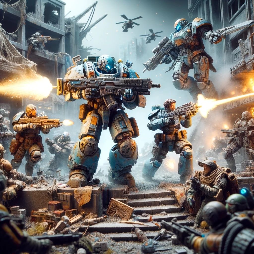 A detailed tabletop miniatures game scene showcasing a fierce confrontation between sci-fi freelancers in combat armor and post-apocalyptic raiders/scavengers. The freelancers, adorned in sleek, advanced combat suits with high-tech weaponry, are tactically positioned, ready for combat. In stark contrast, the raiders and scavengers, embodying the essence of a post-apocalyptic world, are equipped with makeshift armor and weapons salvaged from the ruins. The battlefield is a diorama blending elements of a futuristic urban landscape with the decay and rubble of a post-apocalyptic setting, featuring destroyed buildings, overturned vehicles, and debris.