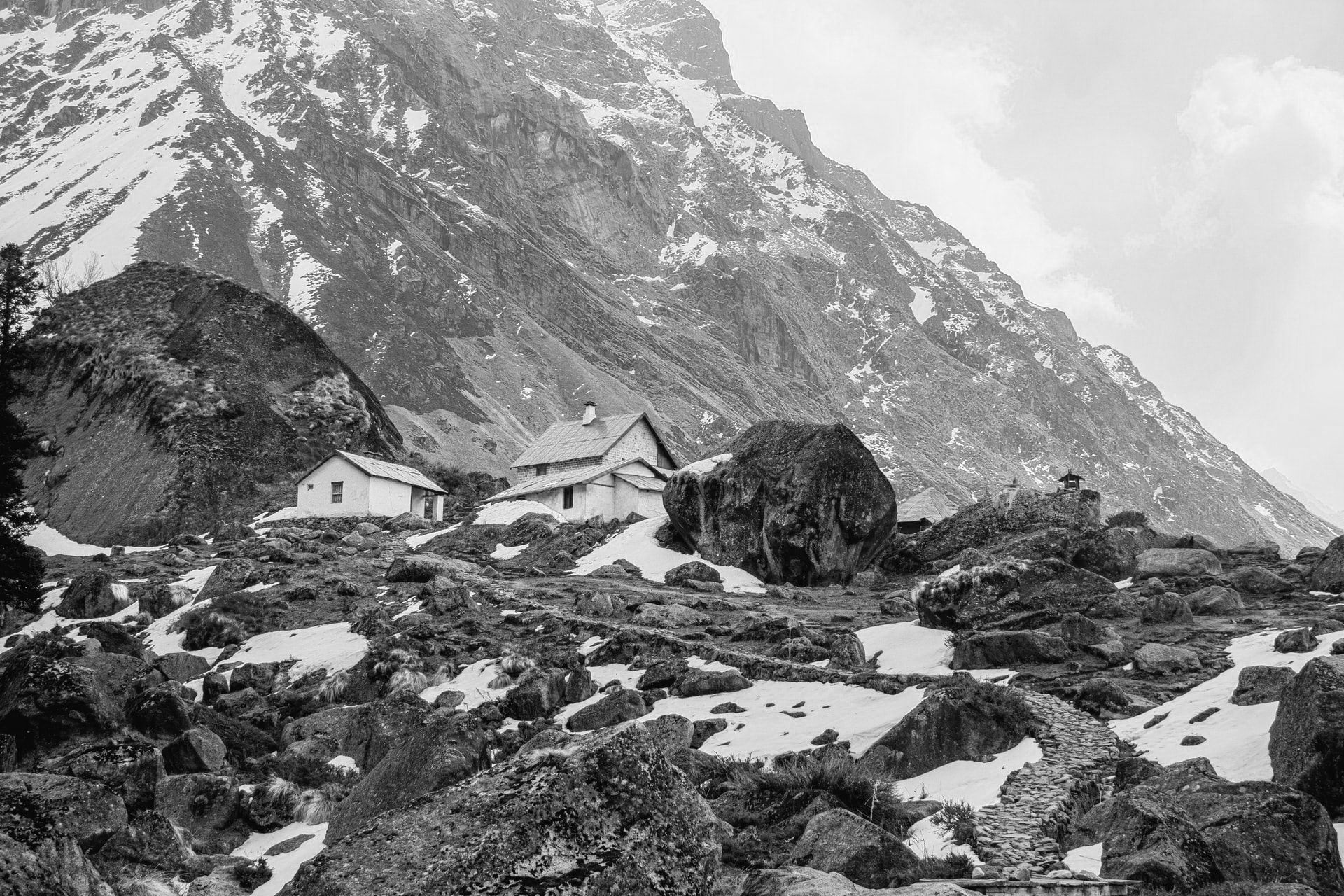 A tiny village at the foot of a large mountain