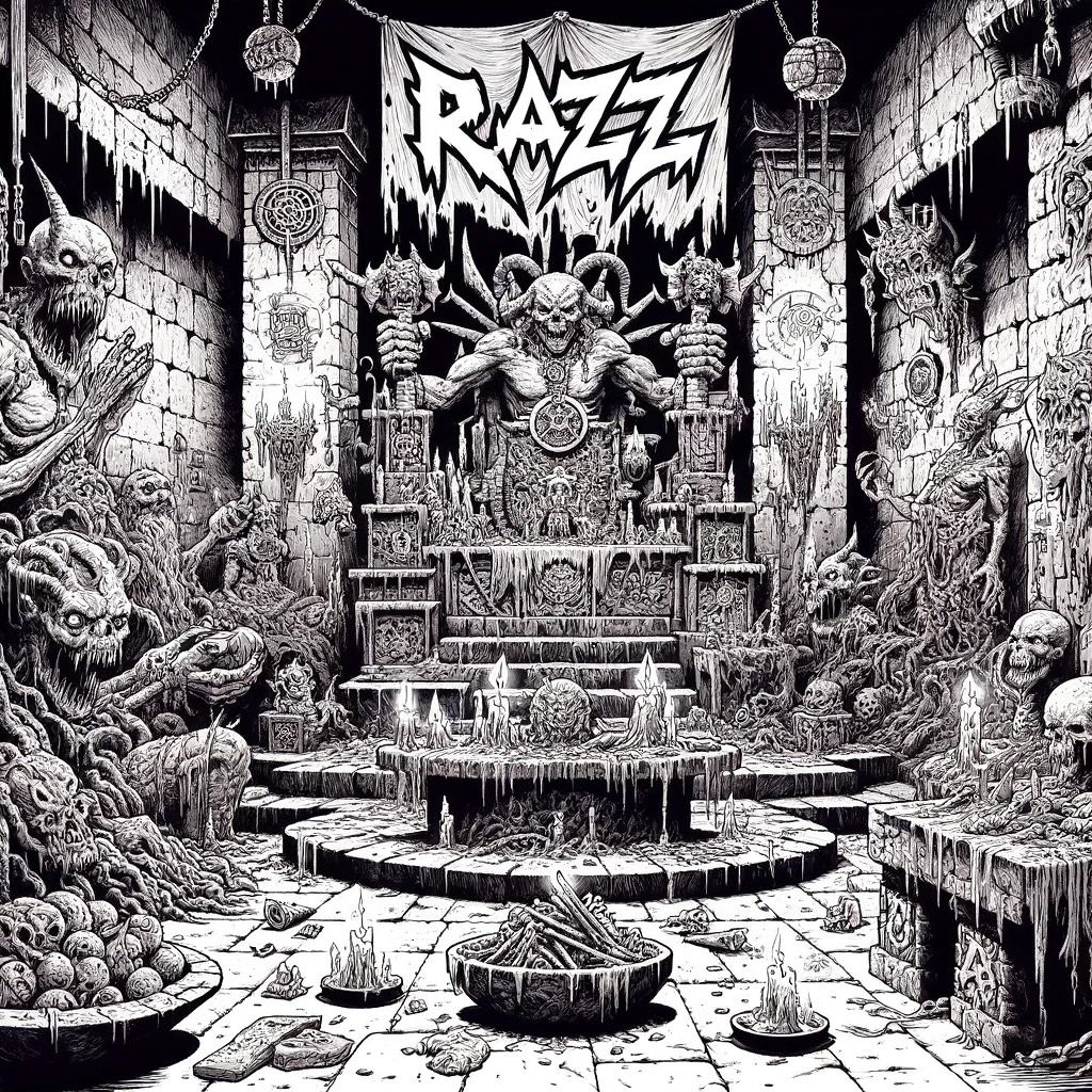 A shrine dedicated to Razz, the Demon Lord of Slaughter, located in an underground dungeon setting. The shrine features exaggerated elements of horror and decadence, with sinister altars, demonic statues, and gruesome offerings. The scene is depicted in black-and-white line art, emphasizing the eerie and macabre atmosphere of the setting.