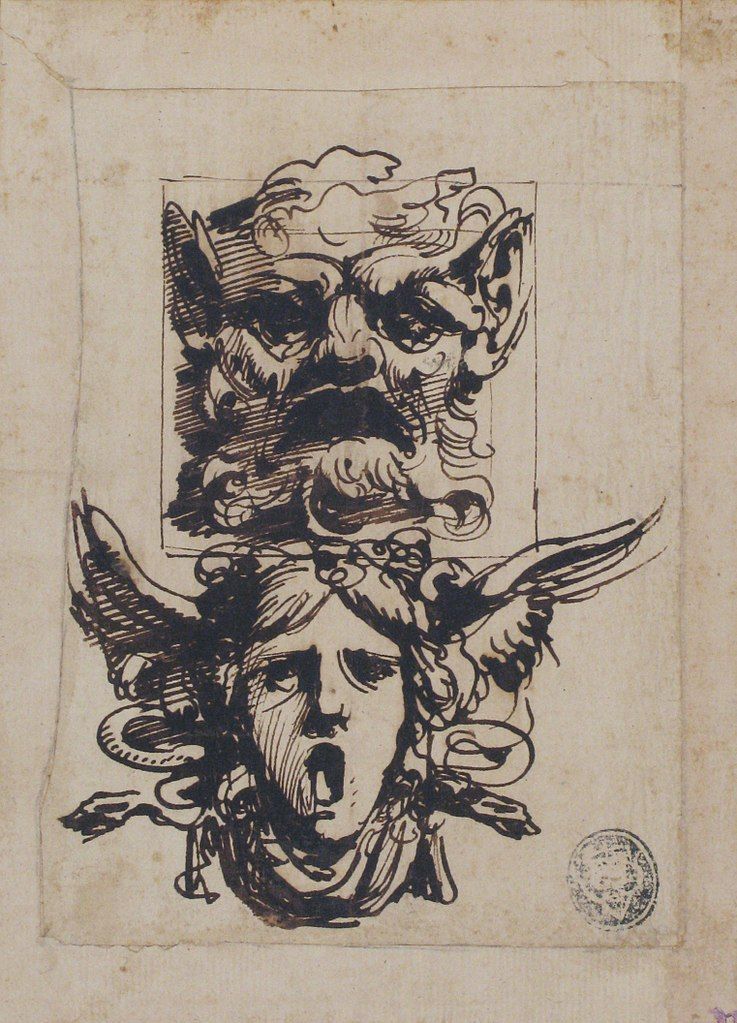 Design for Two Masks Shaped as Satyr and a Winged Medusa Head