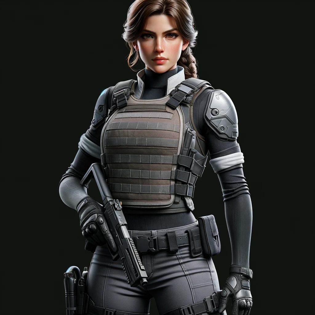 A confident female character with a medium complexion and shoulder-length brown hair styled in a loose braid stands slightly turned to the right. Her determined face features arched eyebrows, a straight nose, and full lips. She wears a fitted brown sleeveless top under a bulky tactical vest in gray with black and metallic silver accents. A white, padded high collar peeks from the vest, and her arms are adorned with black and gray armored gauntlets with silver details, extending to her upper arms. Fitted gray pants with black padding on her thighs and shins, a black tactical holster with a matte black pistol on her right thigh, and black boots with silver plating complete her look. A dark utility belt with a silver buckle and pouches encircles her waist. She holds a rifle vertically against her leg, ready for a high-risk operation. The character’s attire and gear give her a futuristic military appearance, ideal for a modern comic book style.