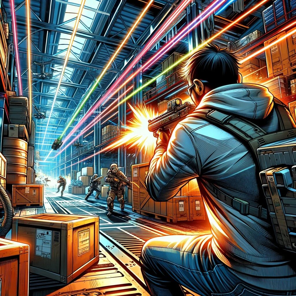 An over-the-shoulder view of a science fiction character in a firefight within an industrial warehouse. The character is wearing casual street clothing and taking cover behind crates and industrial equipment. The scene is filled with dynamic energy and danger, with laser blasts whizzing by. Other characters in similar attire are also engaged in the battle, ducking and weaving between cover points. The warehouse is filled with futuristic machinery and high stacks of crates, adding to the chaotic atmosphere of the skirmish. The illustration is rendered in a vibrant comic book style, emphasizing bold lines, dramatic shading, and intense action.
