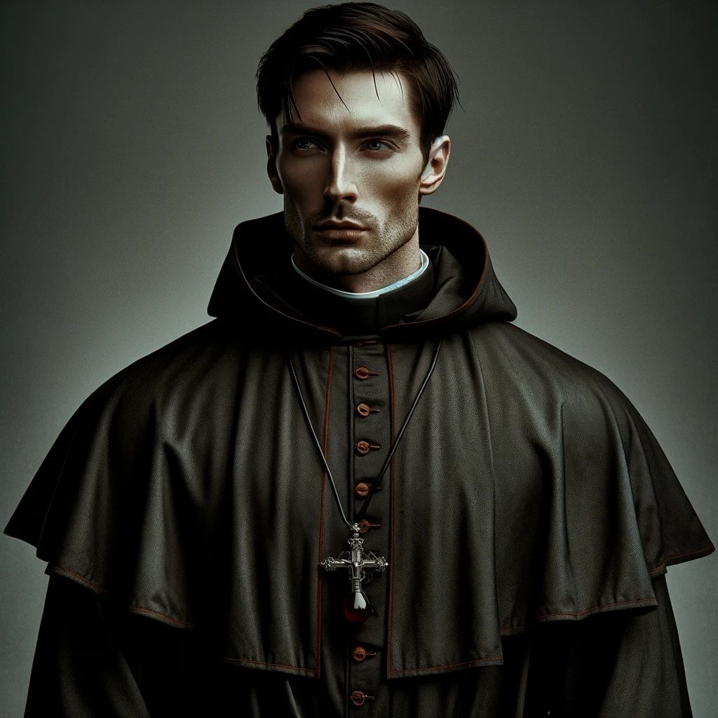 A male in his early thirties embodies a blend of strength and solemnity. His build is strong yet not overly chiseled, reflecting a balanced physicality. His hair is kept short, framing a face marked by determination. Clad in full-covering priestly robes that echo the traditions of Catholicism, he exudes a sense of purpose and quiet power. Around his neck hangs a small, distinctive vial of blood, symbolizing his allegiance to the fictional Church of Saintly Blood. This unique adornment replaces the traditional cross, setting him apart. His stance is firm, prepared to face unseen challenges with a spirit of resilience and defiance.