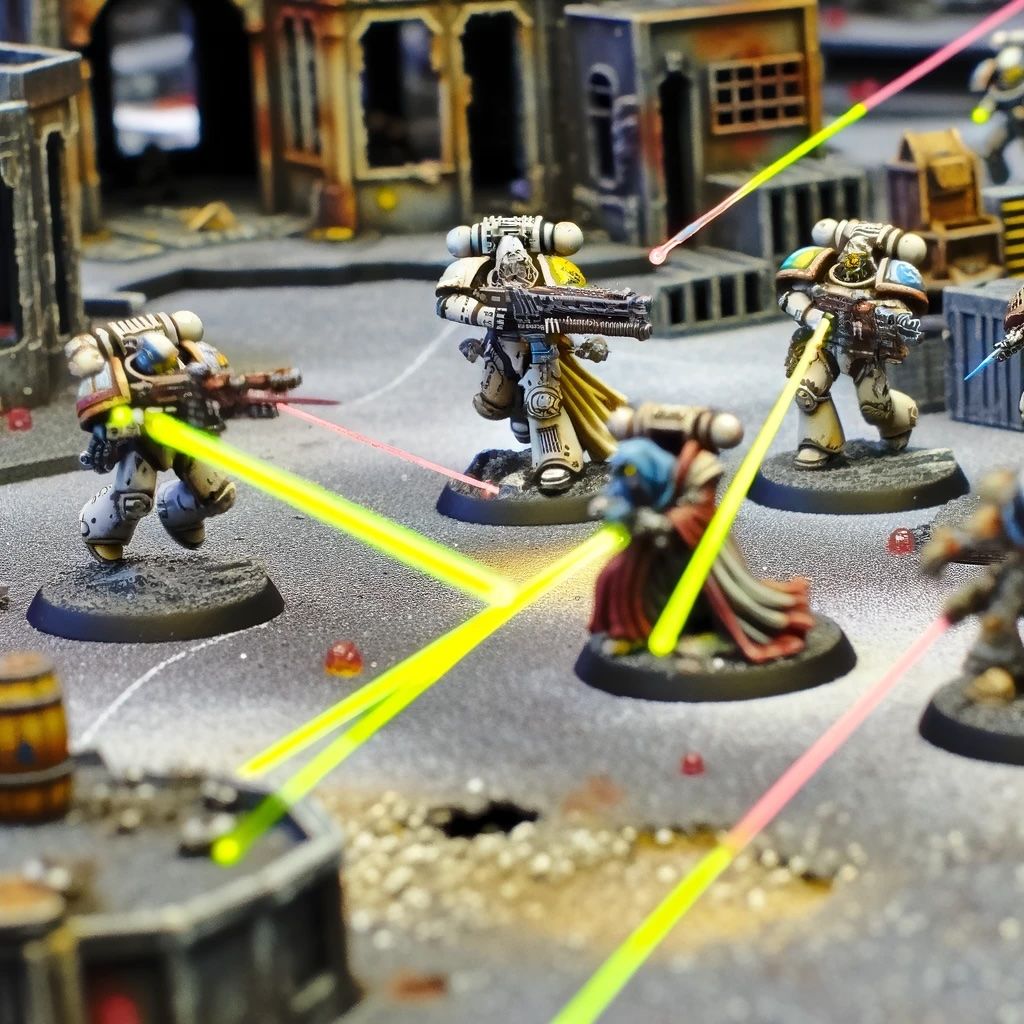 A detailed scene of a tabletop miniatures game, depicting a sci-fi battle between well-equipped freelancers and cultists in an urban industrial setting. The miniatures, intricately painted, are engaged in an intense firefight, with dynamic poses reflecting their actions. The freelancers, in detailed futuristic armor and carrying high-tech weapons, are returning fire. The cultists, with their robes and makeshift energy weapons, are aggressively advancing amidst the chaos. The battlefield is a miniature urban industrial diorama, complete with buildings, pipelines, barrels, and debris. Laser fire is represented by brightly colored yellow lines.