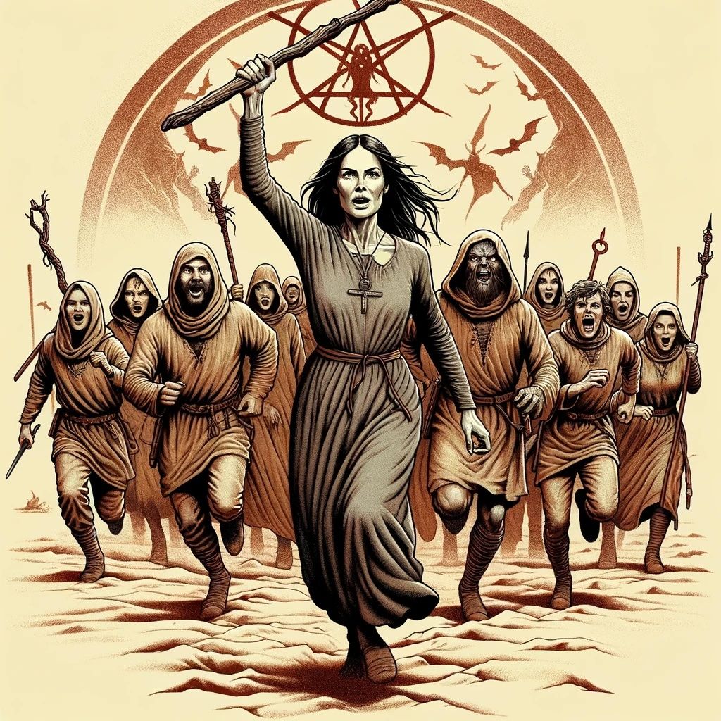 A group of about a dozen people dressed for the desert, led by a slender woman in a gray-brown shift, who is prominently holding a wooden staff above her head. They are running towards the viewer, emanating a sense of urgency and determination. Behind them is a stone wall adorned with a demonic sigil painted in blood,The artwork is rendered in the style of 1980s line art, similar to that found on heavy metal album covers of the era, with dynamic poses and expressive faces.