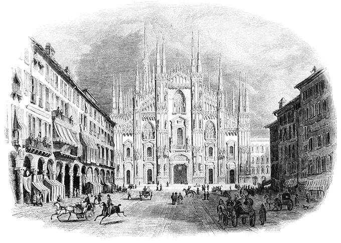View of the west front of the Milan Cathedral and the square, busy with pedestrians, horses and carriages.