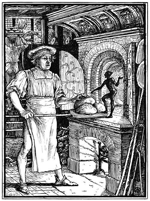 A baker about to put bread in the oven finds himself in the presence of a spirited imp.