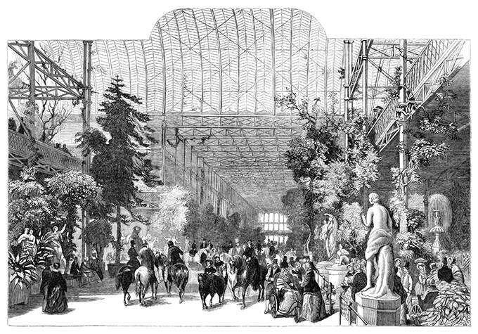View of the alleys of the Crystal Palace lined with trees, plants, and statues as people on foot or on horseback go to and fro.