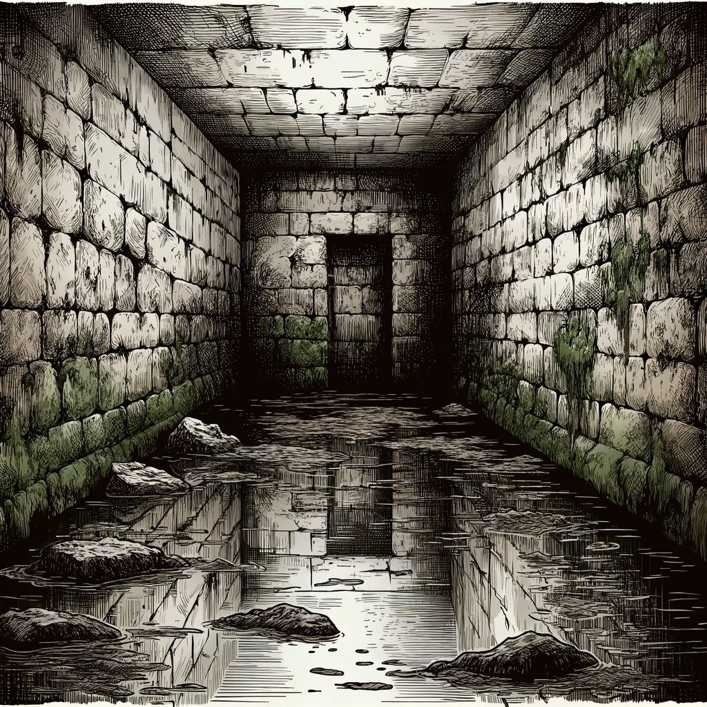An empty, half-flooded dungeon room, dank and moldy, appears uninhabited. The stone walls and floor show signs of long-term water damage, with moss and mold creeping across surfaces. Stagnant water covers the lower half of the room, reflecting the dim light that seeps in from an unseen source above. The atmosphere is heavy, and the silence is broken only by the occasional drip of water. The image is styled as a line drawing with simple coloring, capturing the eerie and abandoned feel of the dungeon.