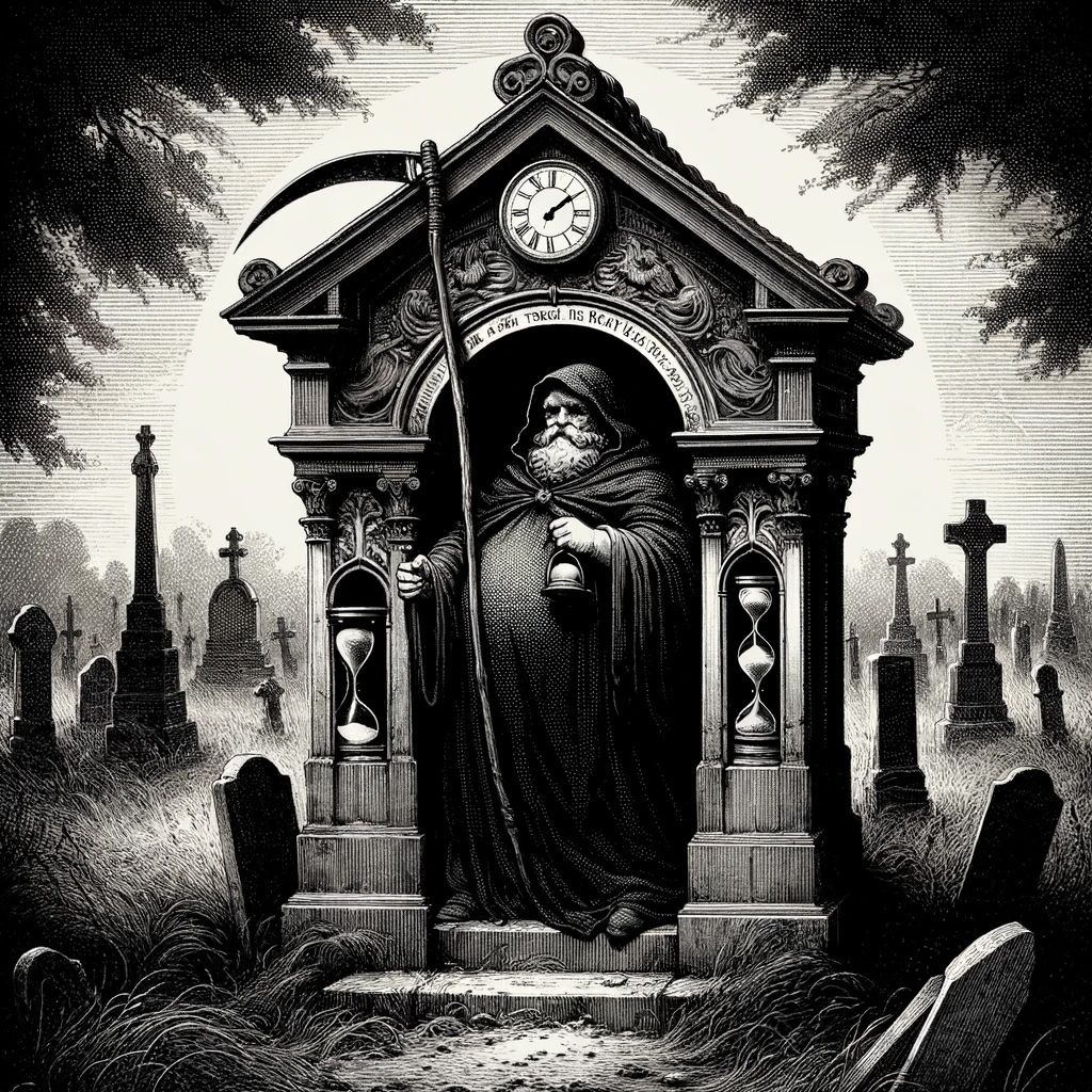 A skilled Victorian-era illustrator’s rendition of a small shrine within a graveyard, in a less realistic and more stylized manner. The illustration, in black and white, showcases a corpulent saint clad in black robes, holding a scythe and an hourglass, engraved on the shrine. The atmosphere is somber yet peaceful, conveying peace and finality. The style mimics the intricate and stylized illustrations typical of 19th-century books, with a focus on expressive lines and dramatic contrasts.