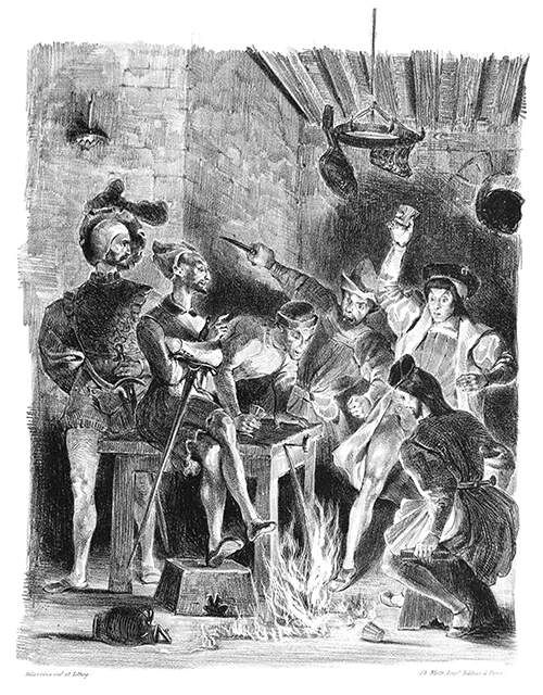 Some among a group of men seem panic-stricken by flames rising from the floor of an inn while one, sitting on a table with his arms crossed around the handle of his sword, looks down coolly at the incident.