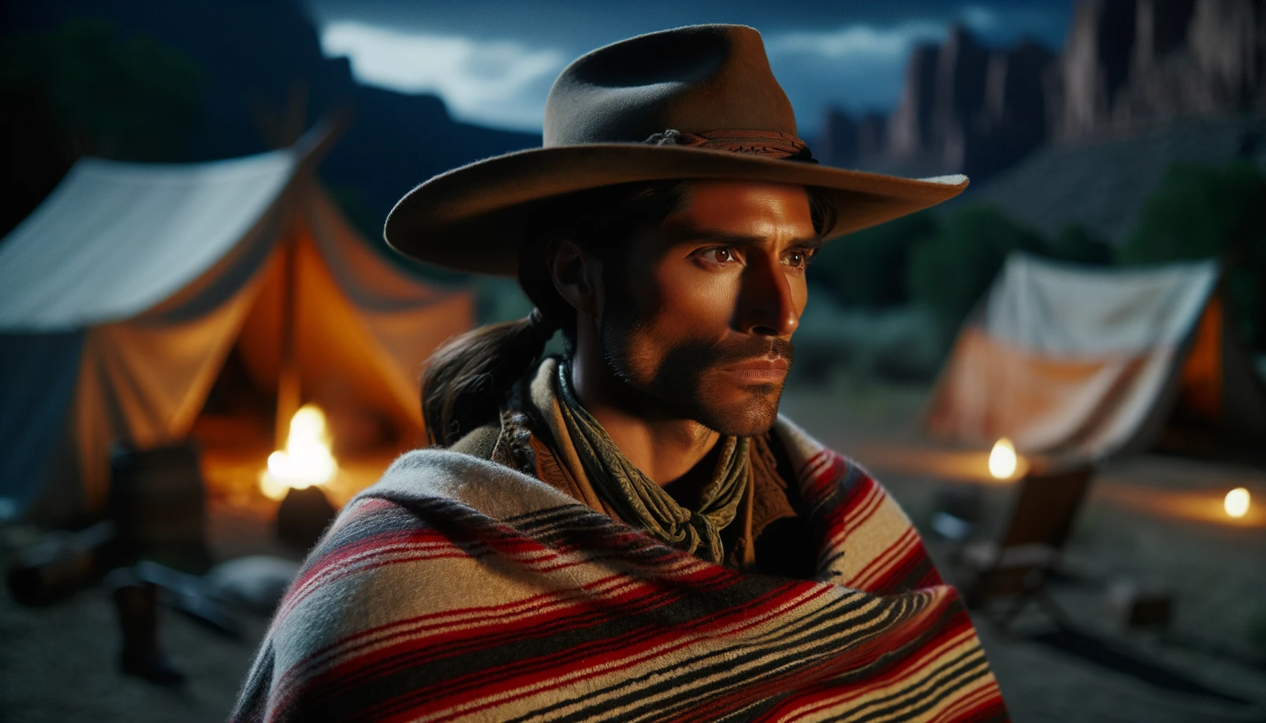 Photo of a cowboy in 1880s New Mexico with Mexican descent. He has long dark hair tied in a ponytail, brown skin, and prominent cheekbones. He’s wearing a serape and is camping in the mountains at night. The ambiance is somber and heroic, with the moonlight casting shadows on his face as he looks determined, preparing for a challenging journey ahead.