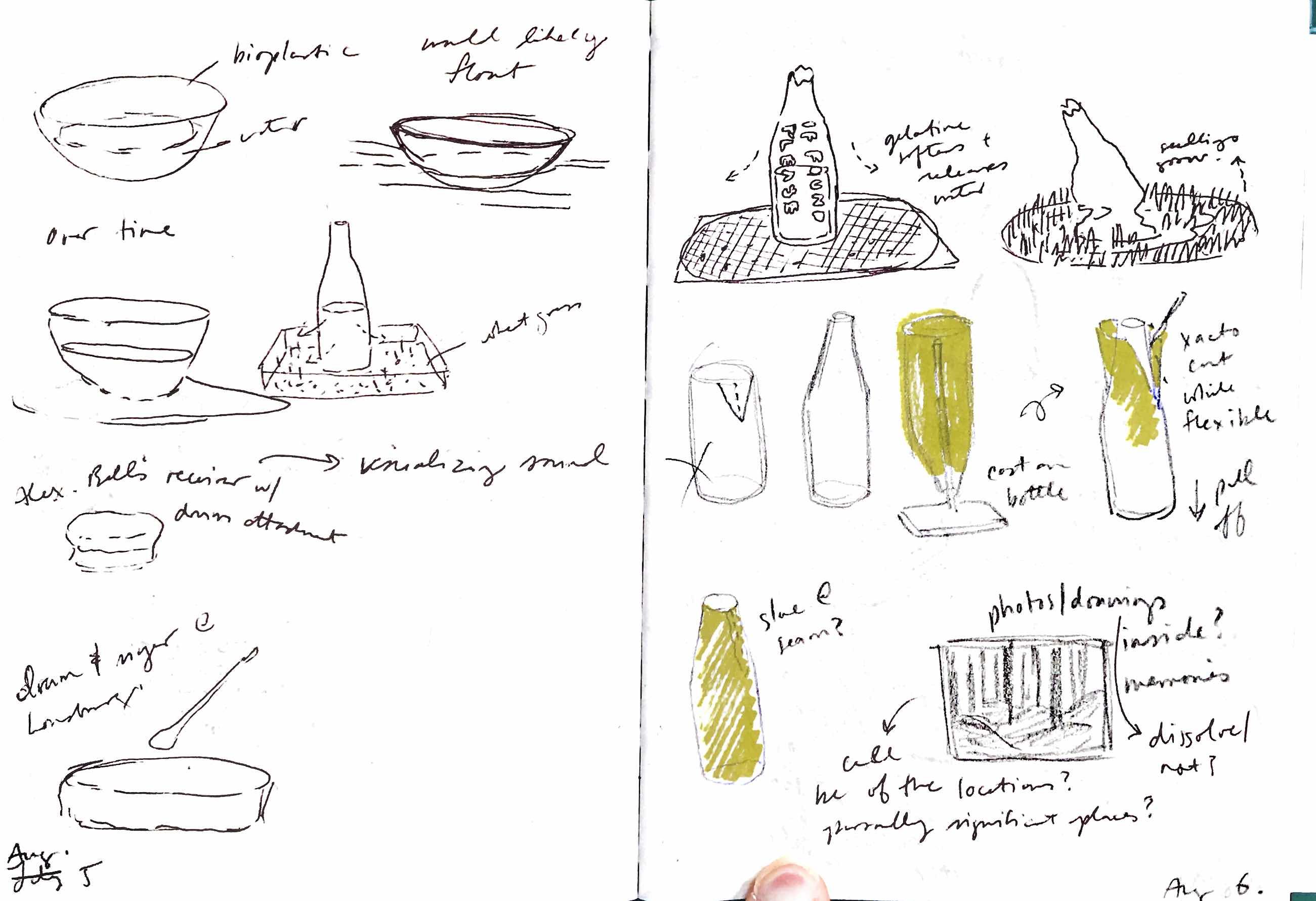 sketchbook page of notes thinking through how to create the bottle