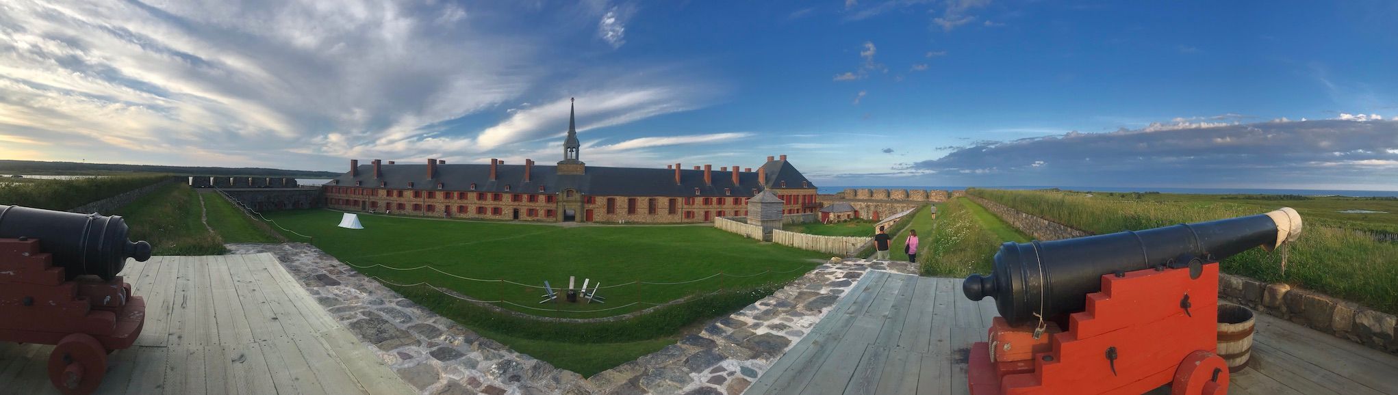 a panoramic shot on the top wall of the King’s Bastion in Fortress Louisbourg, with the cannons