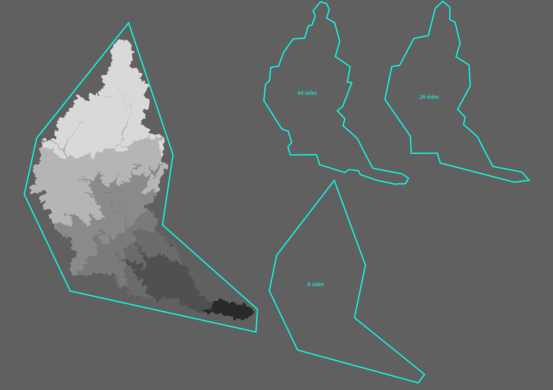 the watershed shapes - heightmap in grey, basin shapes in blue