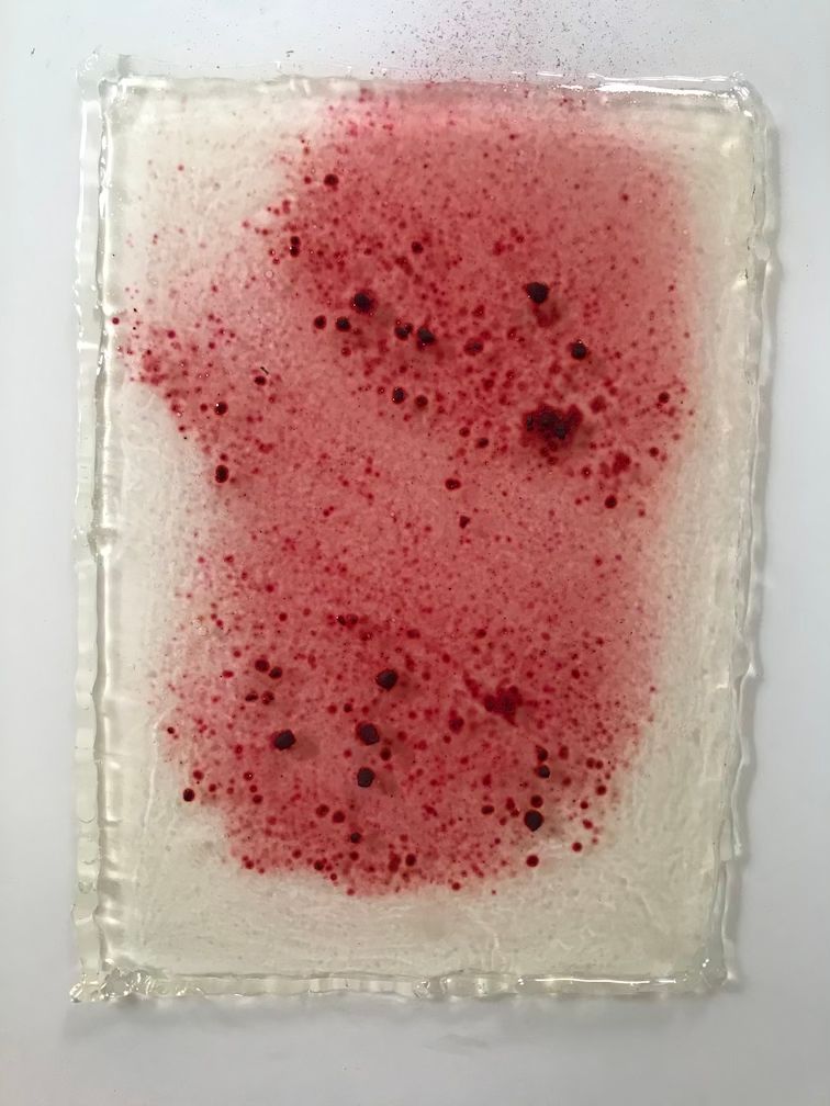 gelatine bordered by hot glue, with beetroot powder sprinkled