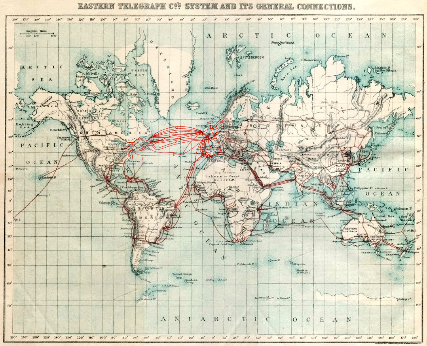 The Eastern Telegraph Co. System and its general connections. Chart of submarine telegraph cable routes, showing the global reach of telecommunications at the beginning of the 20th century