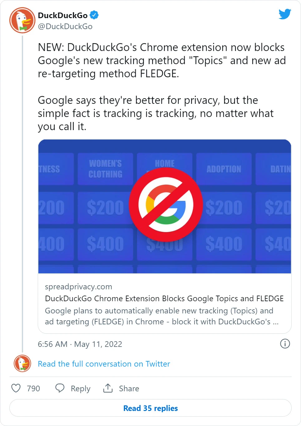 DuckDuckGo tweet about tracking and Google