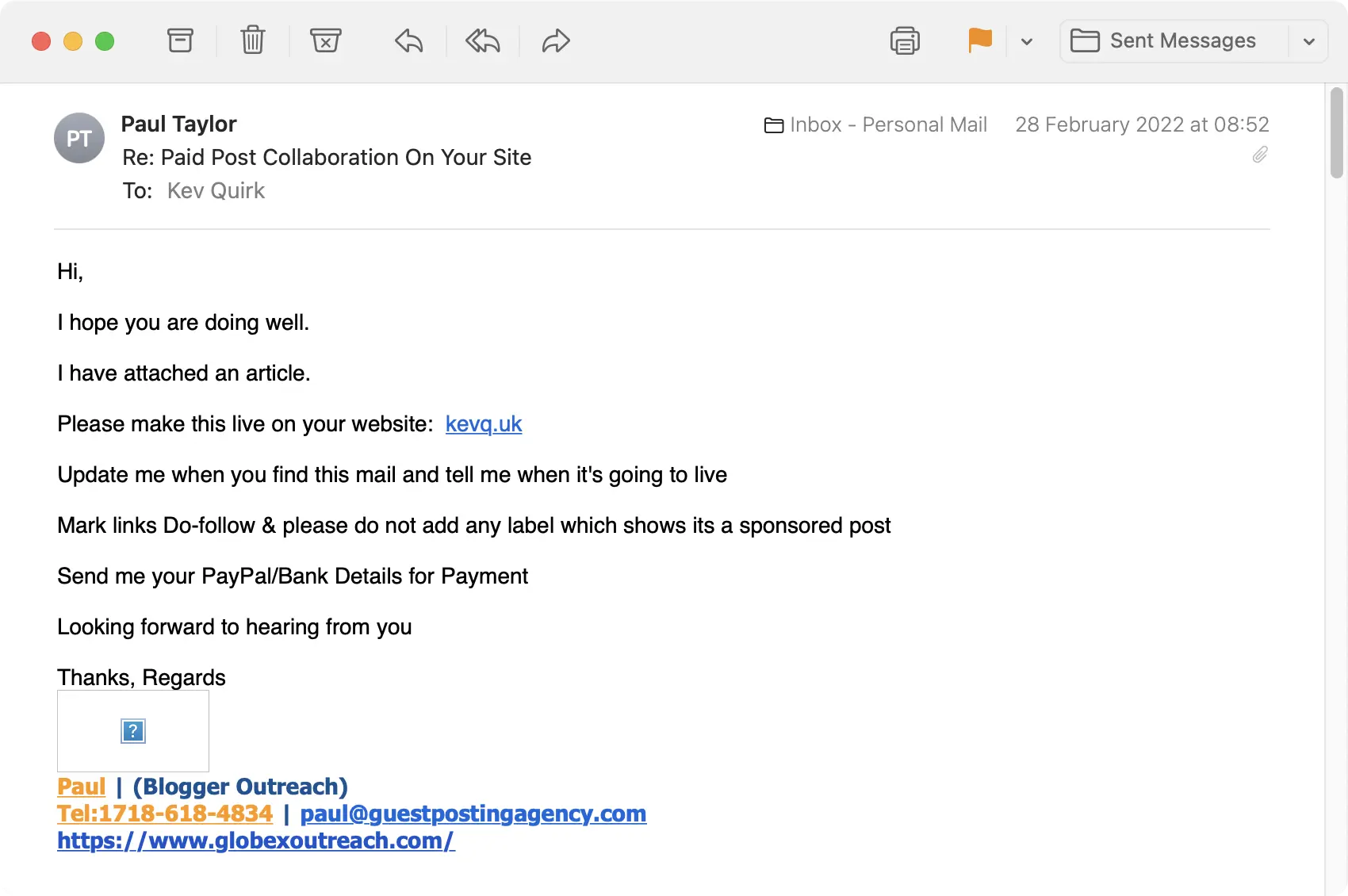 Paul’s offer of a sponsored post