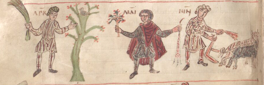 Labors of the months of April, May, and June as represented in an illustrated ninth-century manuscript produced in Salzburg from a French original.