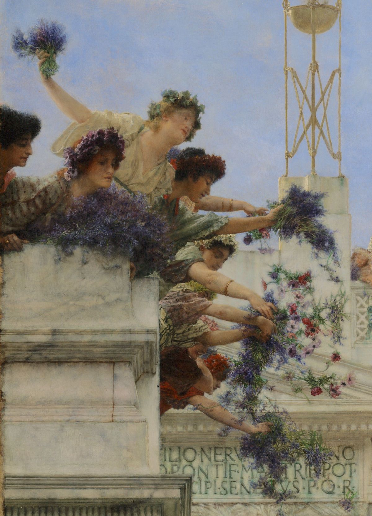 A flower-tossing crop of Lawrence Alma-Tadema's endlessly entertaining celebratory painting, Spring, which is set in a very dreamy version of Ancient Rome.