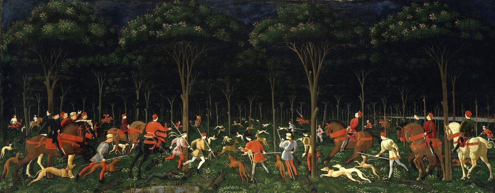 A wide dark painting from the 15th century, recognizably European in style and content. It depicts a confused welter of sight-hounds, human hunters both mounted and on foot, and deer, all rushing toward a vanishing point in the far back of a dark forest at night.