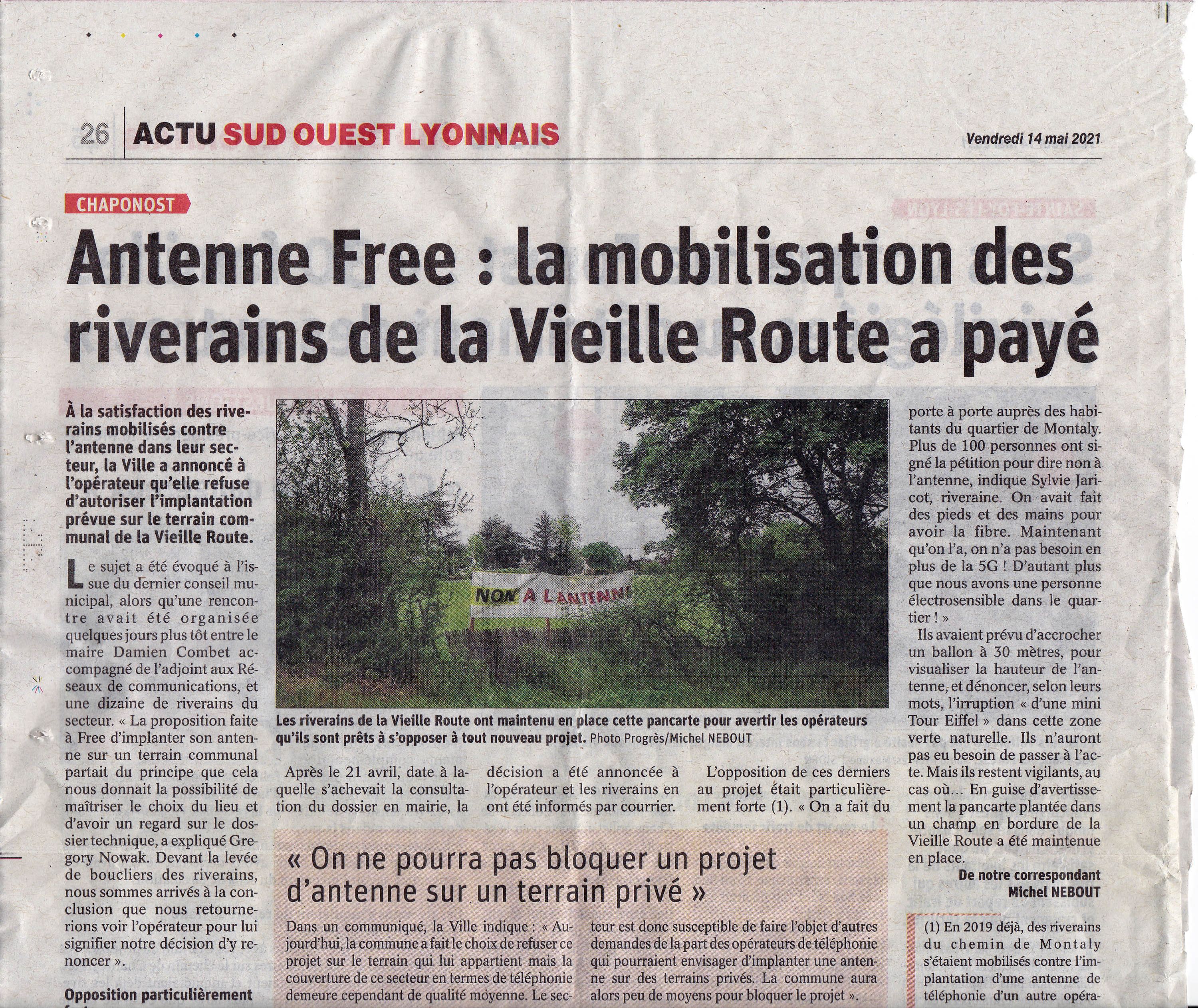 Article de presse concernant l’annulation de l’implantation d’une antenne 5G chemin de la Vieille Route à Chaponost