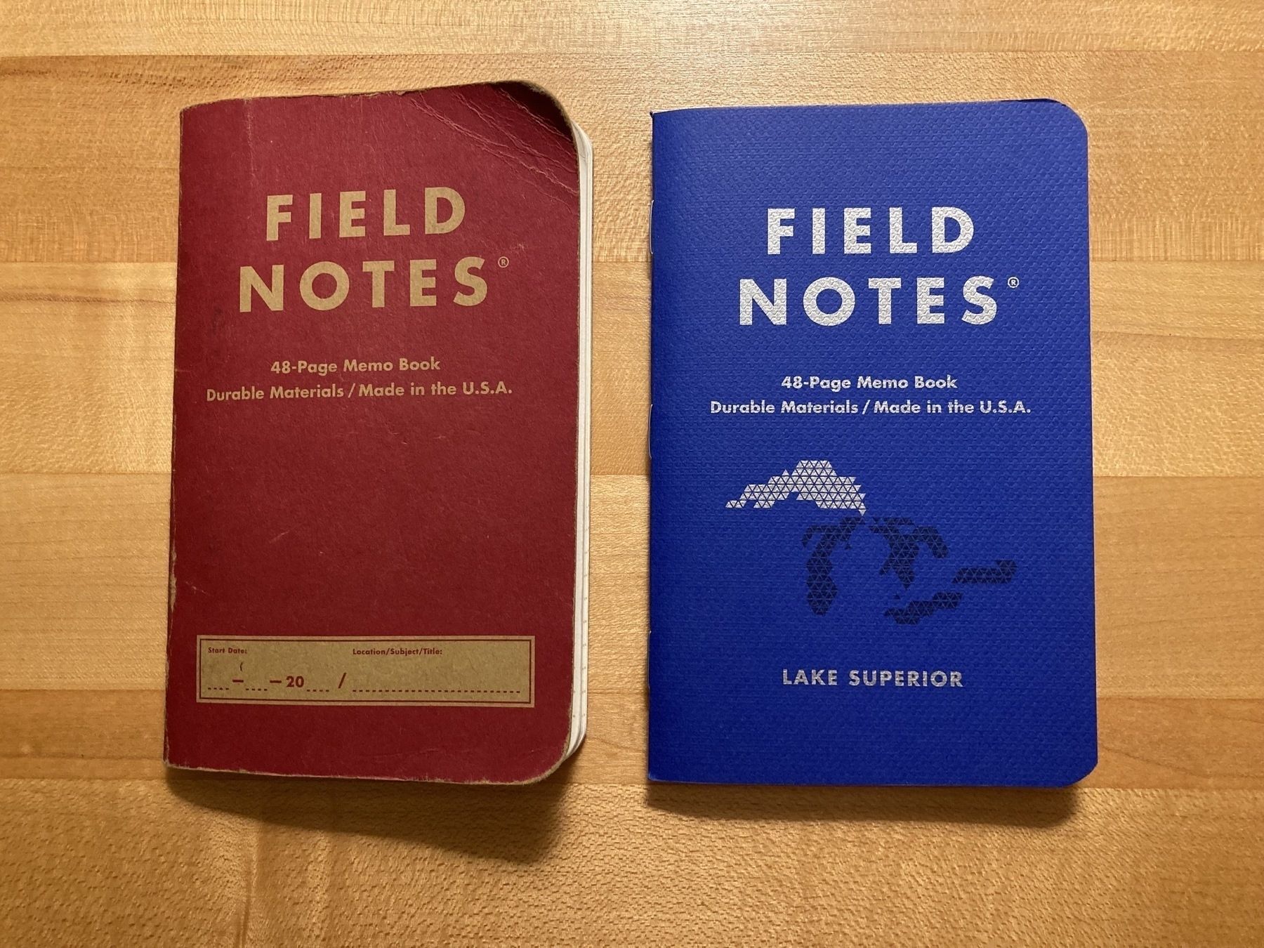 Two Field Notes memo books side by side: one used, one new