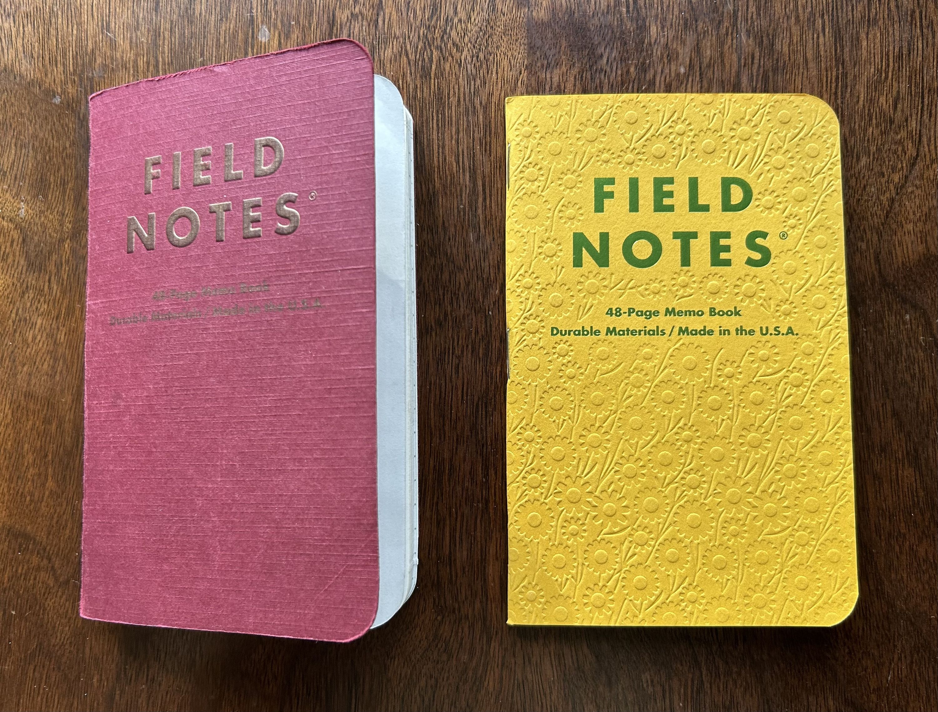 108–109: Vintage, Signs of Spring Two Field Notes memo books side by side: one used, one new