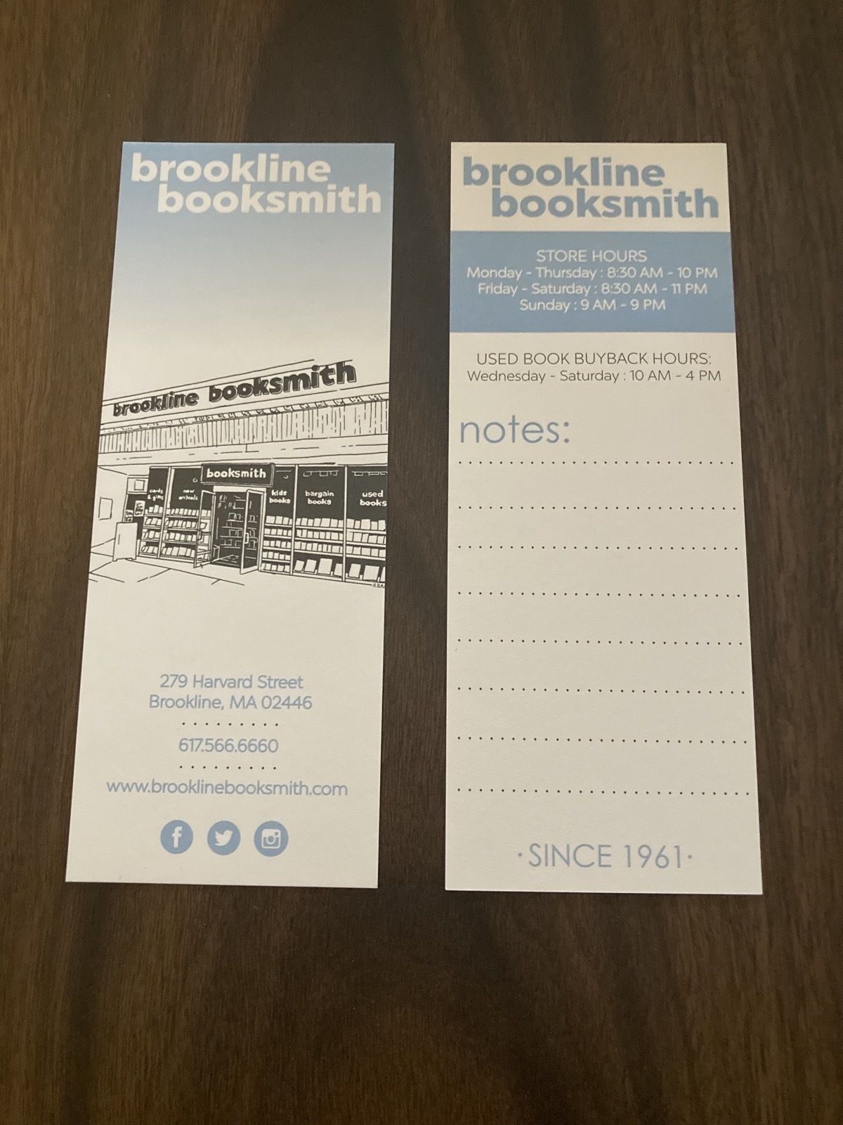 two bookmarks from Brookline Booksmith