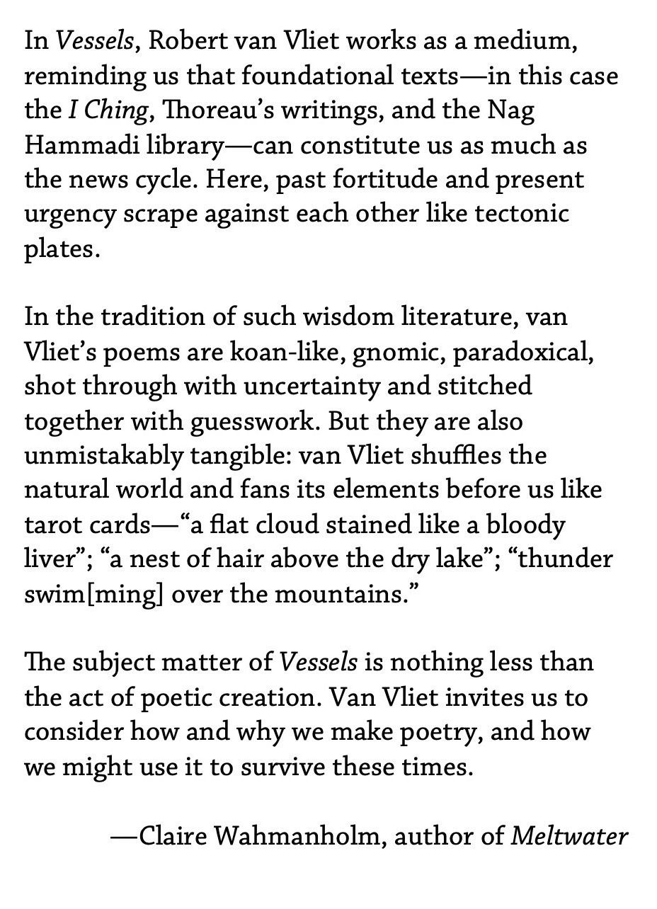 In Vessels, Robert van Vliet works as a medium, reminding us that foundational texts—in this case the I Ching, Thoreau’s writings, and the Nag Hammadi library—can constitute us as much as the news cycle. Here, past fortitude and present urgency scrape against each other like tectonic plates. In the tradition of such wisdom literature, van Vliet’s poems are koan-like, gnomic, paradoxical, shot through with uncertainty and stitched together with guesswork. But they are also unmistakably tangible: van Vliet shuffles the natural world and fans its elements before us like tarot cards—“a flat cloud stained like a bloody liver”; “a nest of hair above the dry lake”; “thunder swim[ming] over the mountains.” The subject matter of Vessels is nothing less than the act of poetic creation. Van Vliet invites us to consider how and why we make poetry, and how we might use it to survive these times.