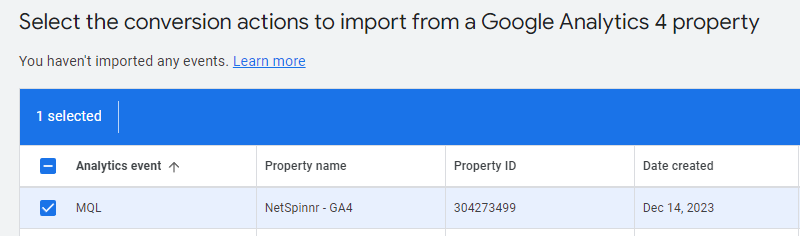 Importing the GA4 conversion into Google Ads