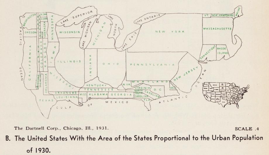 [map] [cartogram] Vintage infographics: Visualizations of American population distribution in 1930. (1)