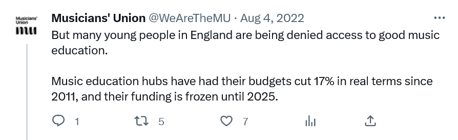 … many young people in England are being denied access to good music education. music education hubs have had their budgets cut 17% in real terms since 2011, and their funding frozen until 2025.